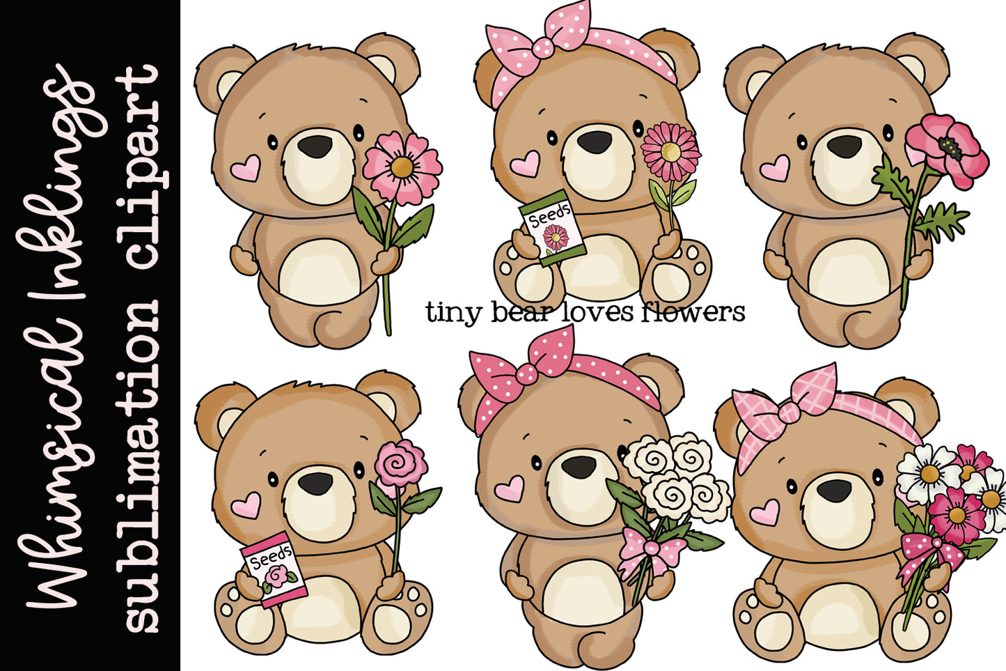 Tiny Bears Love Flowers Sublimation Clipart| Summer|Garden