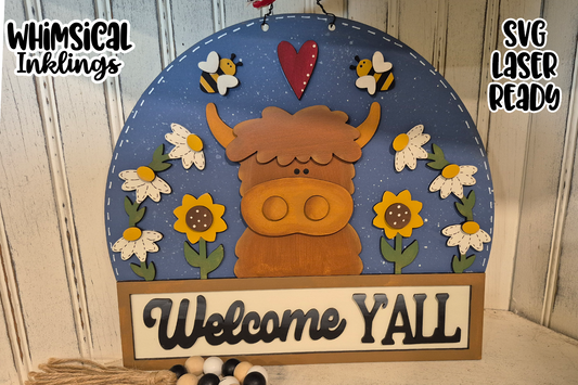Welcome Y'all Scottish Highland Cow Sign Laser  SVG