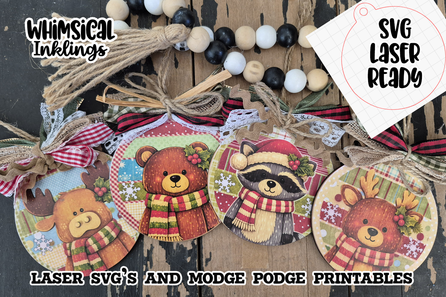 Woodland Christmas ornaments SVG and Modge Podge Printables|Laser SVG