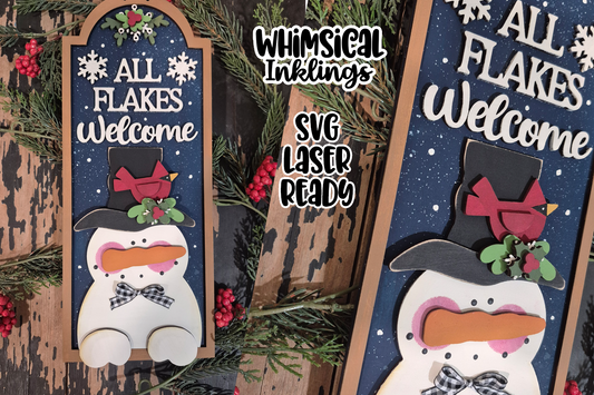 All Flakes Welcome Snowman Vertical Sign Laser SVG