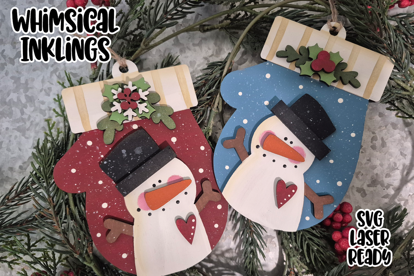 Mitten Snowman Duo Ornaments Laser SVG