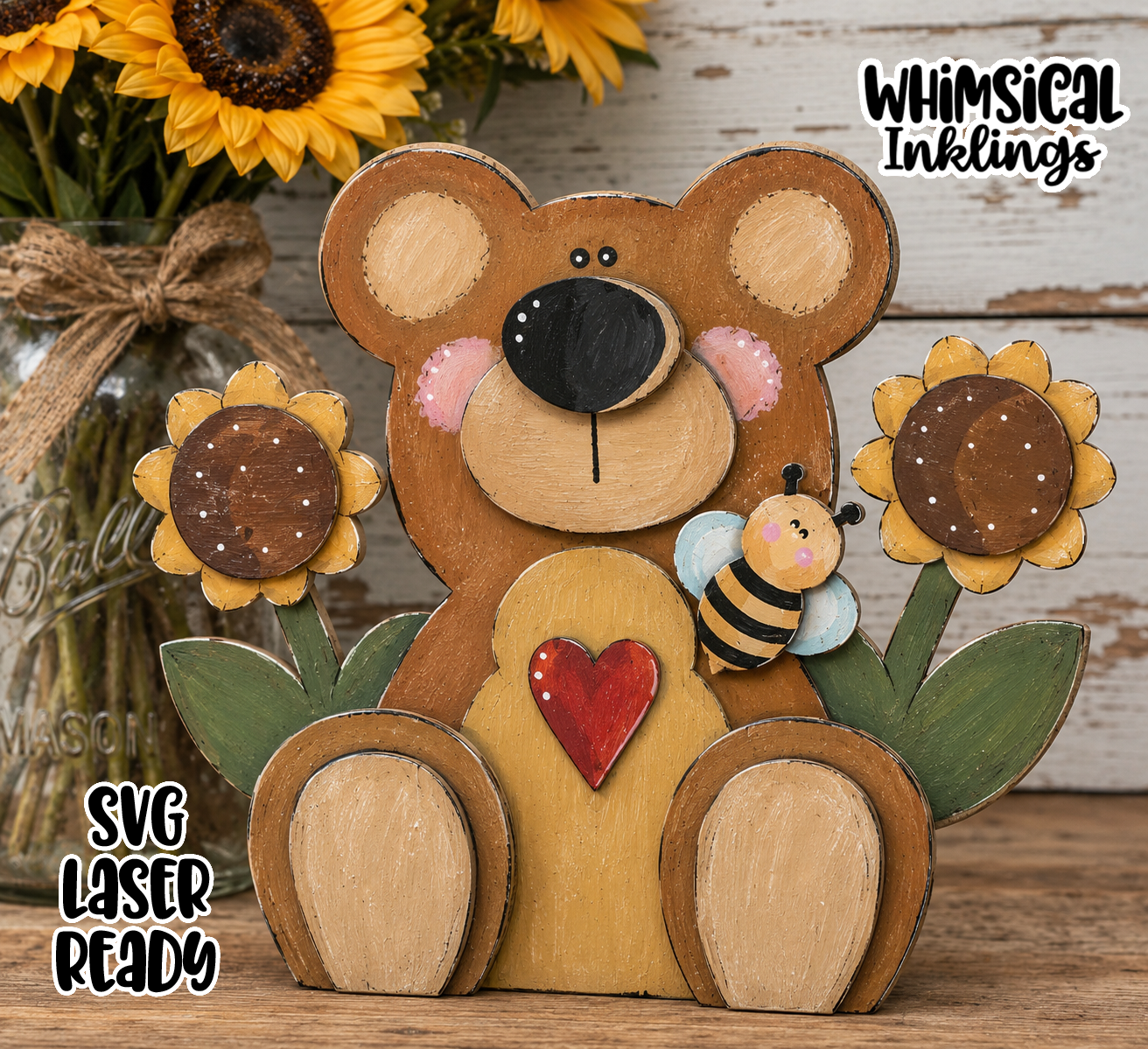 Sunflower Bear SVG| Laser Cut Bumble Bee Bear| Glowforge |Bee Bear Laser SVG