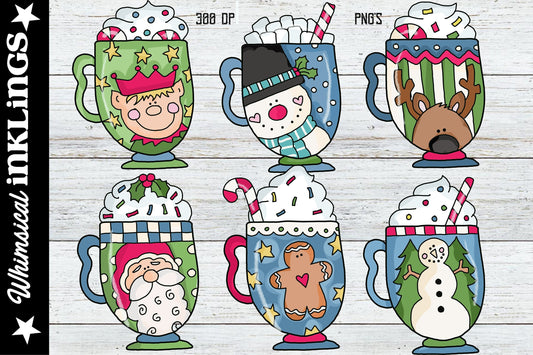 Christmas Cocoa Cups Clipart for Sublimation