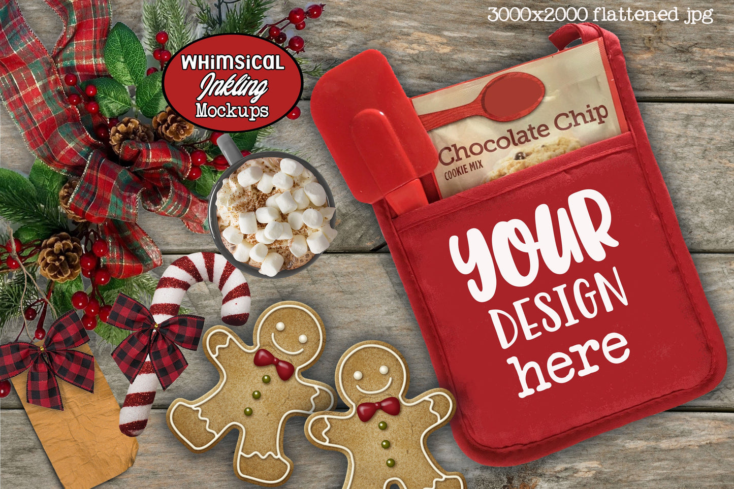 Gingerbread Red Christmas  Pot Holder Mock Up - Commercial Use Allowed