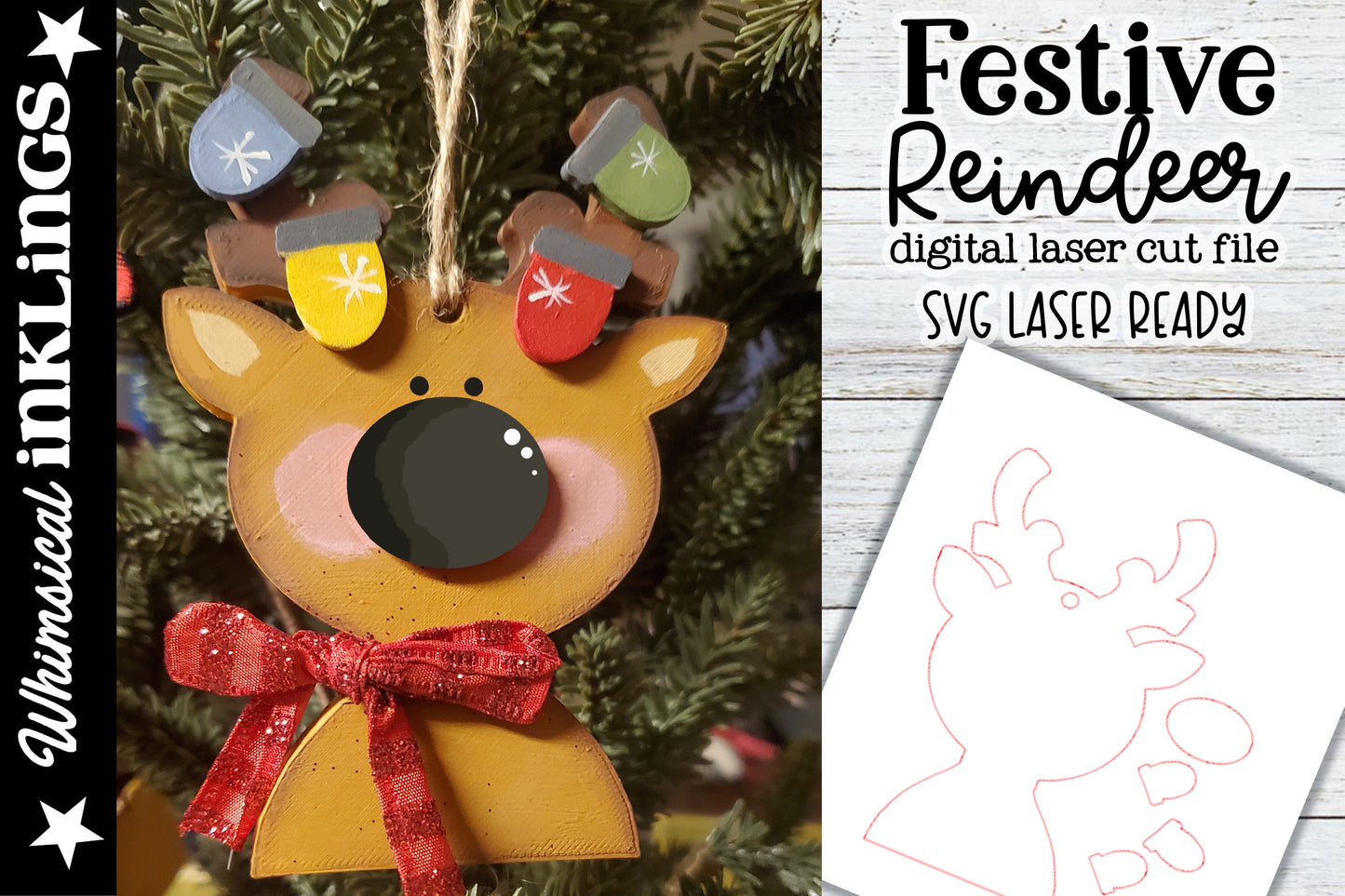 Festive Reindeer SVG| Laser Cut Snowman Ornament| Glowforge| Ornament SVG