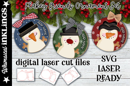 Flakey Friends Snowman Ornament Set |Laser Ready Snowman| Glow Forge Christmas Ornament|