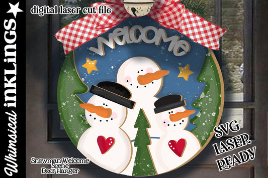 Snowman Welcome Scene Door Hanger Laser SVG |Laser Ready Snowman Sign| Glow forge Winter Sign|