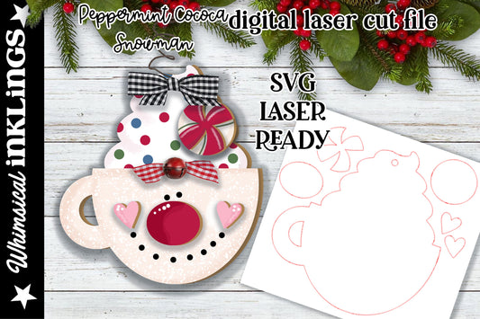 Peppermint Cocoa Snowman Ornament SVG| Laser Cut Snowman Ornament| Glow forge| Snowman Laser SVG