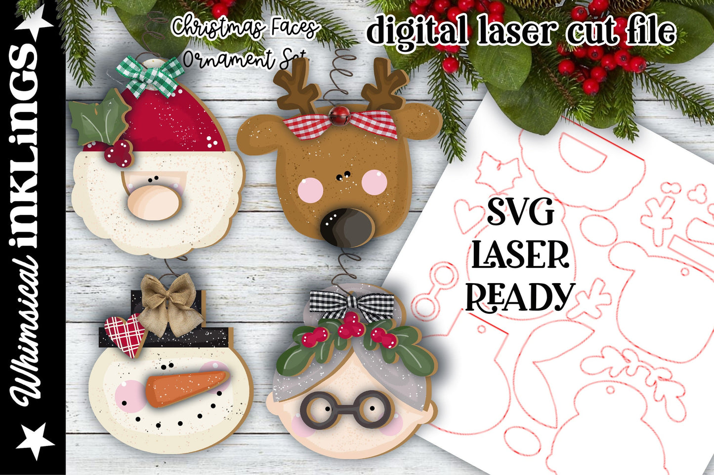 Christmas Faces Ornament Set |Mrs. Claus SVG| Laser Cut Christmas Ornaments Ornament| Glow Forge| Ornament SVG