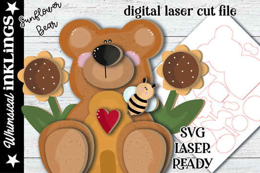 Sunflower Bear SVG| Laser Cut Bumble Bee Bear| Glowforge |Bee Bear Laser SVG