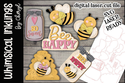 Bee Happy SVG |Laser Ready Bee Set| Glow Forge Bee| Bee Tiered Tray