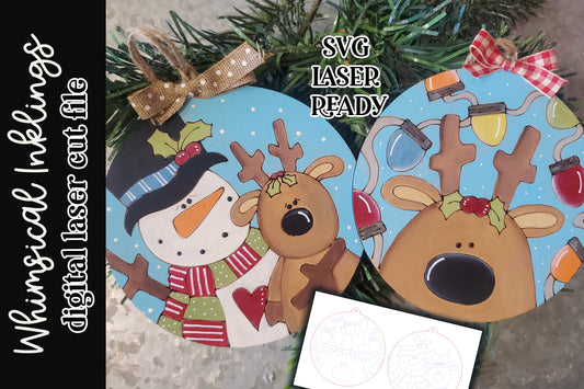 Silly Reindeer Ornament Set SVG| Laser Cut Reindeer Ornament| Glow Forge Snowman| Snowman Ornament SVG