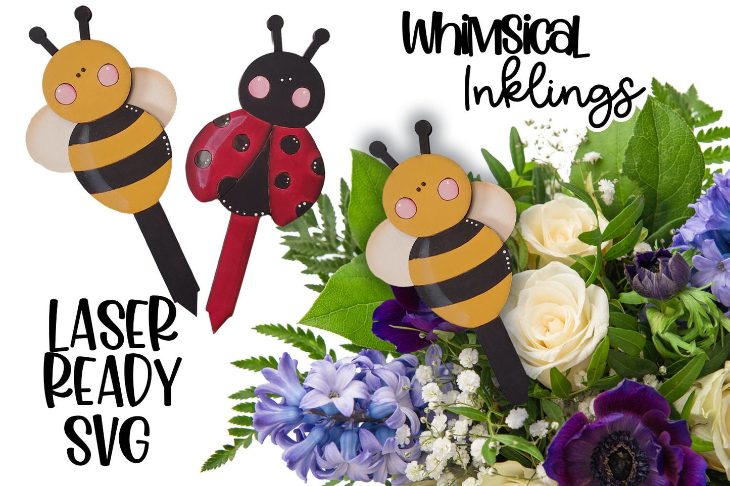 Bee Happy Plant Poke SVG |Laser Ready Spring Plant Pokes| Glow Forge plant Poke| Bouquet Plant Pokes | Ladybug SVG