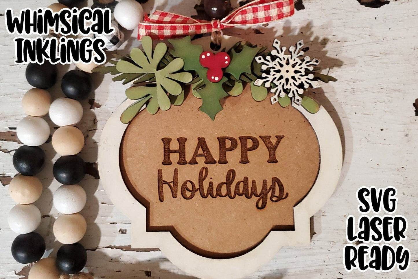 Pretty Happy Holidays Ornament SVG| Laser Cut  Ornament| Glow Forge| Ornament SVG| Glowforge Ornament